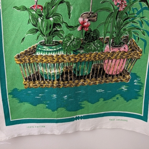 New Vintage Tea Towel Green Pink Florida Colours Plants Baskets Circa 1950 - Picture 11 of 12